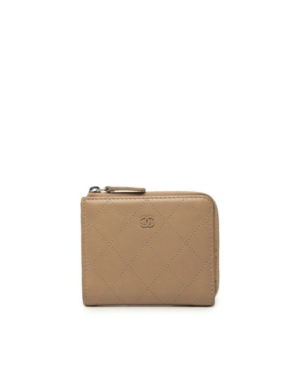 Chanel CC Logo Bifold Wallet Beige Silver Leather